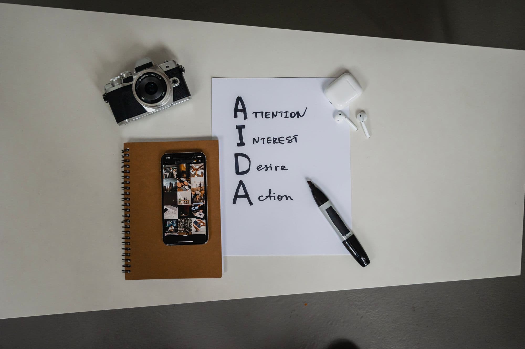 A notebook, a smartphone and a camera beside a hand-written marketing plan.