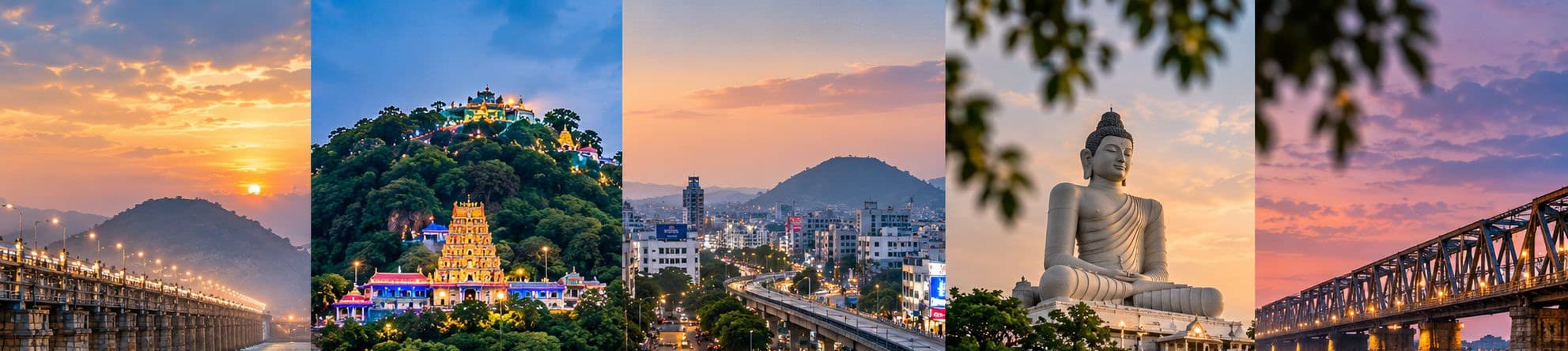 Five views of Vijayawada at dusk: the barrage, the Kanaka Durga temple, the city skyline, the Buddha statue and the rail bridge.