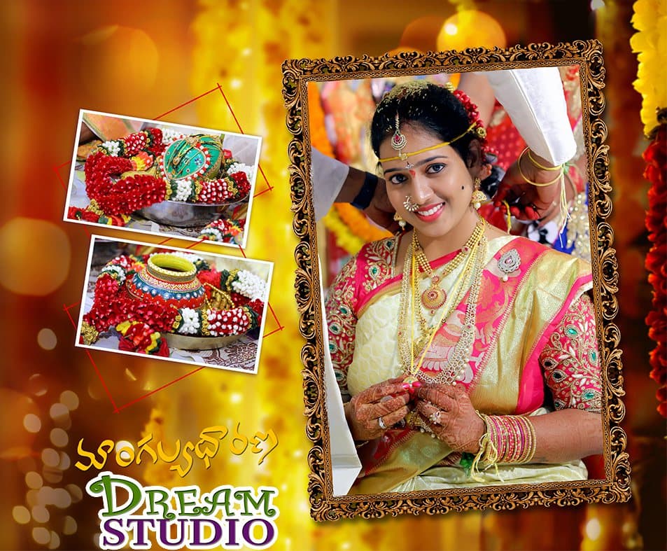 A bride in traditional silk and gold jewellery, presented as a decorative album page.